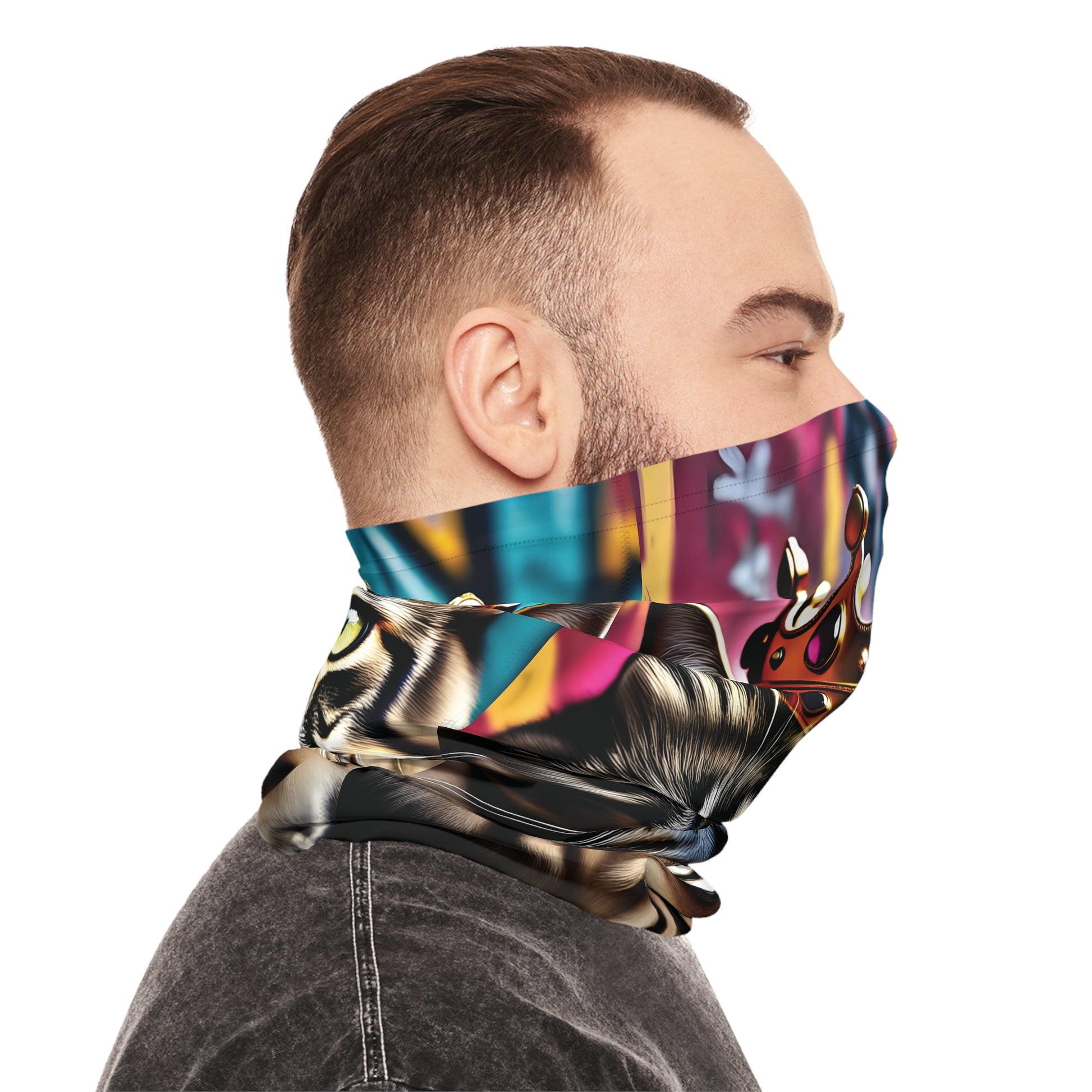 Colorful cat-themed face covering on Neck Gaiter Crown Meowjesty PixiOnyx Urban Regal Wrap