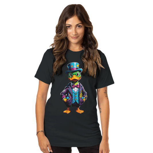 Black unisex T-shirt with a duck graphic from PixiOnyx Urban Apparel