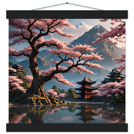 Japanese cherry blossom landscape wall scroll with wooden hangers in Temple Blossom Serenity decor
