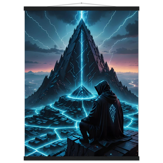 Mystical hooded figure standing before a glowing pyramid on Electric Ascension Poster with Wooden Hanger