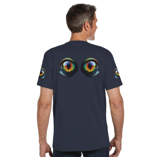 Organic navy unisex crewneck T-shirt featuring a hypnotic eye design from PixiOnyx