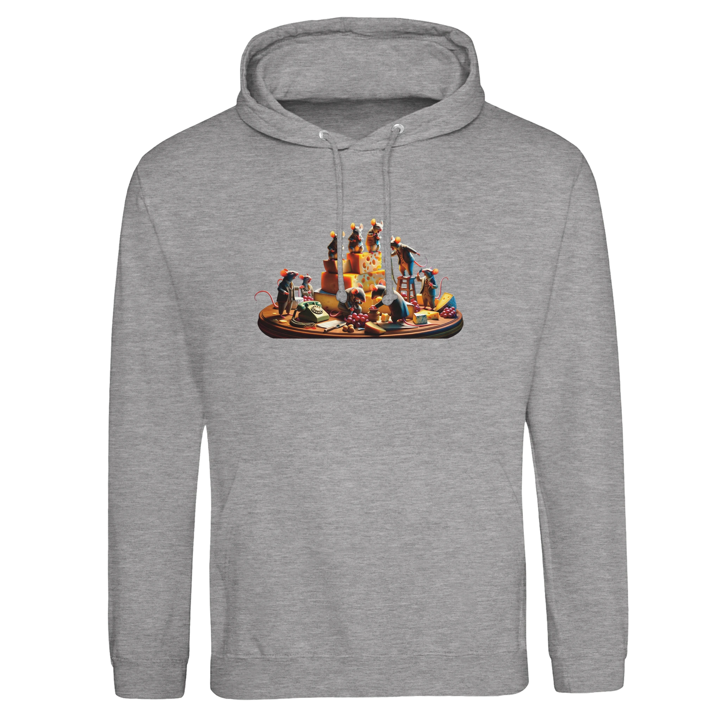 Gray hooded sweatshirt with whimsical cheese-themed illustration from PixiOnyx Cheese Drama Pullover