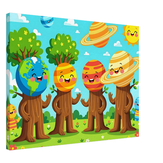 Cartoon planet-tree canvas art from PixiOnyx Stellar Kids Art for cosmic kids room decor