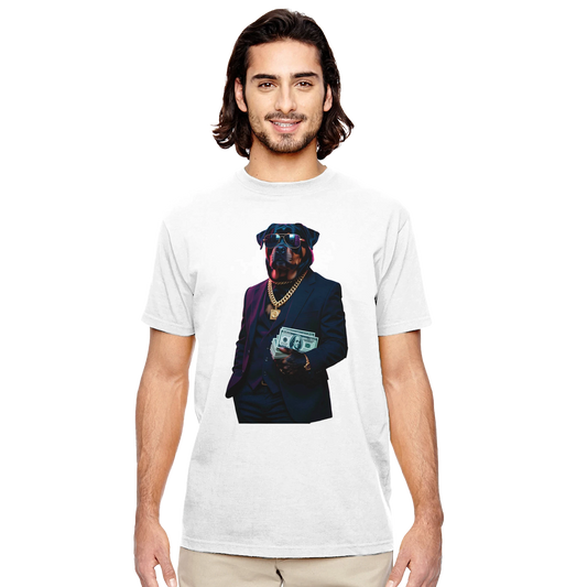White unisex organic T-shirt with dog graphic from PixiOnyx Urban Luxe Kingpin K9 collection