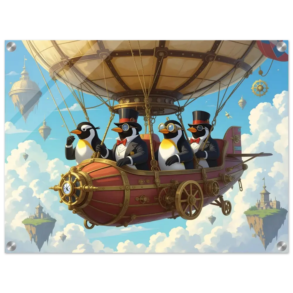 Steampunk penguin airship adventure displayed on Acrylic Art Penguin Zeppelin Society PixiOnyx Crystal Skies Edition