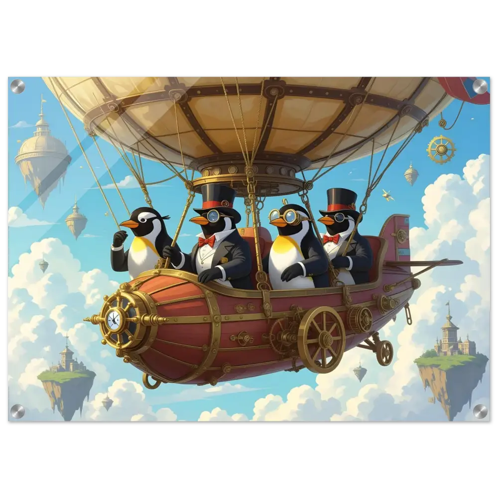 Steampunk Penguin Airship Adventure Acrylic Art Penguin Zeppelin Society PixiOnyx Crystal Skies