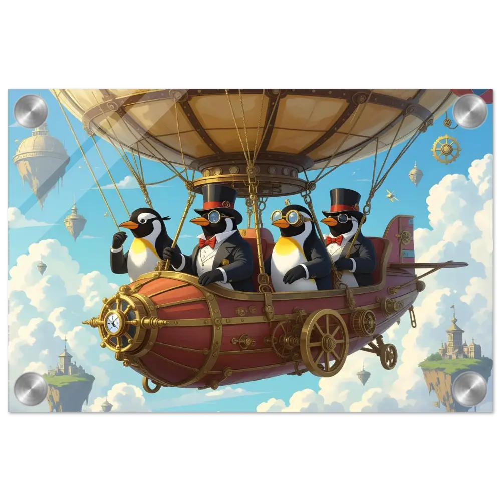 Acrylic art of Steampunk penguin airship adventure in PixiOnyx Crystal Skies Edition