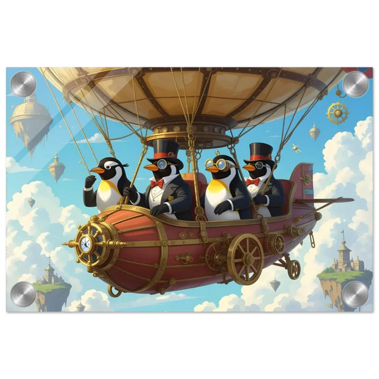 Acrylic art of Steampunk penguin airship adventure in PixiOnyx Crystal Skies Edition