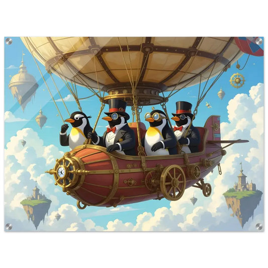 Steampunk penguin airship adventure in Crystal Skies Edition acrylic art by PixiOnyx