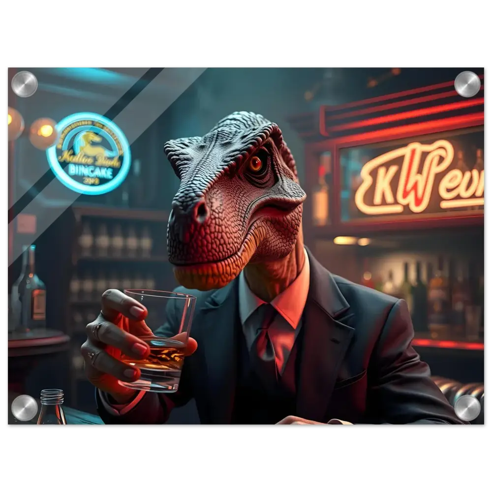 Acrylic art print featuring a Dinosaur in suit drinking whiskey for Whiskey Raptor Wall Art
