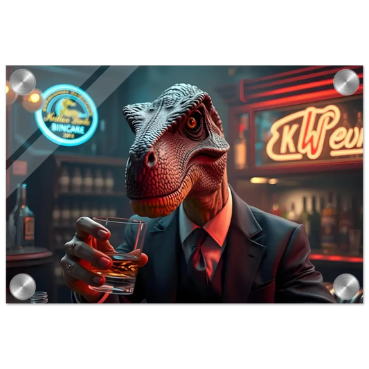 Acrylic art print of a dinosaur in a suit drinking whiskey called Whiskey Raptor After Hours Instincts by PixiOnyx