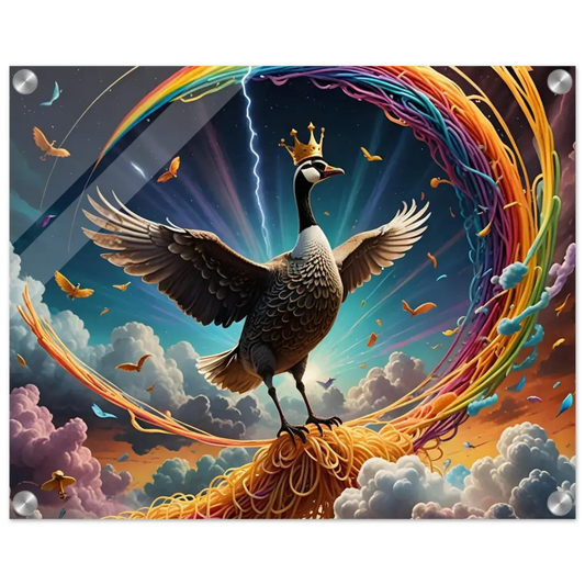 Majestic goose king sitting on spaghetti rainbow in Acrylic Goose Ascension Noodle Nirvana display