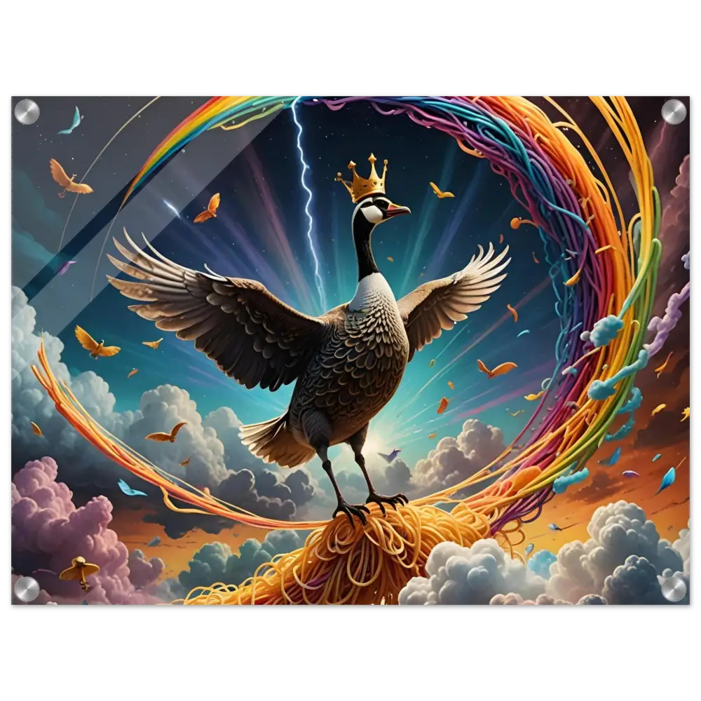 Whimsical Goose King sitting on a spaghetti cloud in PixiOnyx Acrylic Goose Ascension display