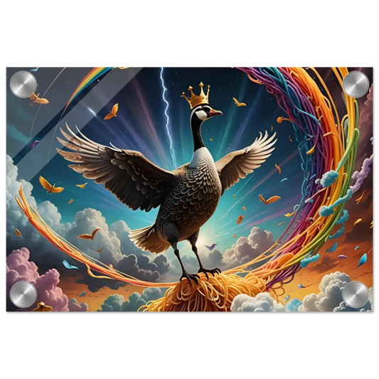 Crowned goose sitting on spaghetti in Acrylic Goose Ascension Noodle Nirvana display