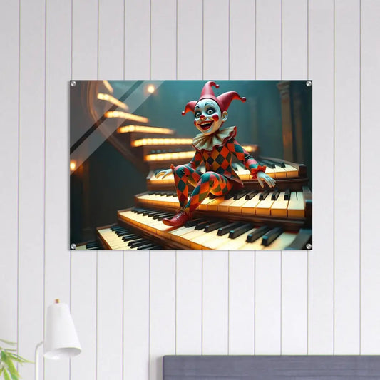Clown sitting on piano keys acrylic marionette wall art PixiOnyx glossy display