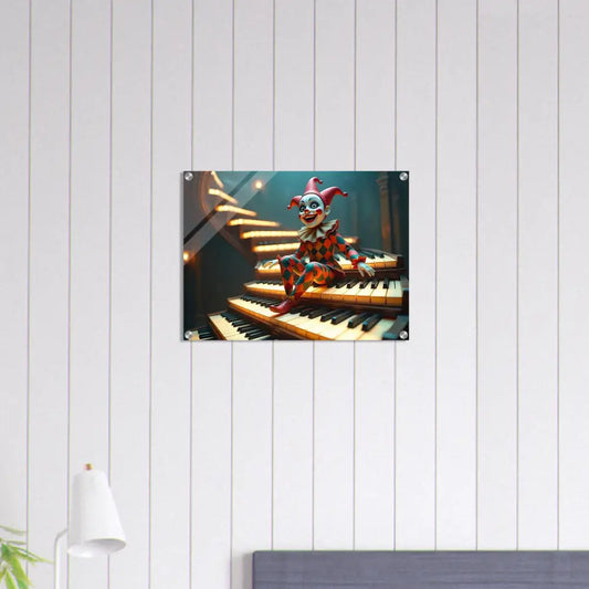 Acrylic Marionette Wall Art featuring a clown sitting on piano keys for PixiOnyx display