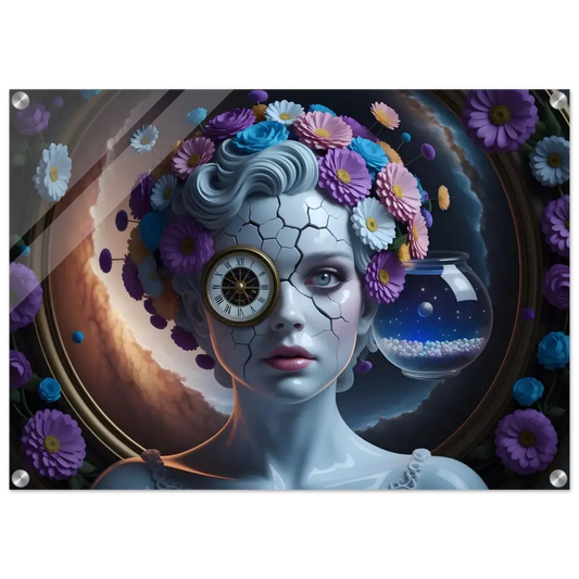 Surreal floral clockwork woman acrylic portrait Fractured Time PixiOnyx Crystal Vision Panel