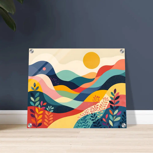 Colorful abstract landscape acrylic print displayed in PixiOnyx Dreamscape Luxe product