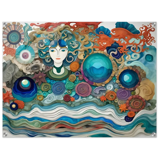 Whimsical ocean-themed paper art displayed on Acrylic Print Abstract Ocean Reverie PixiOnyx Dreamscape Crystal