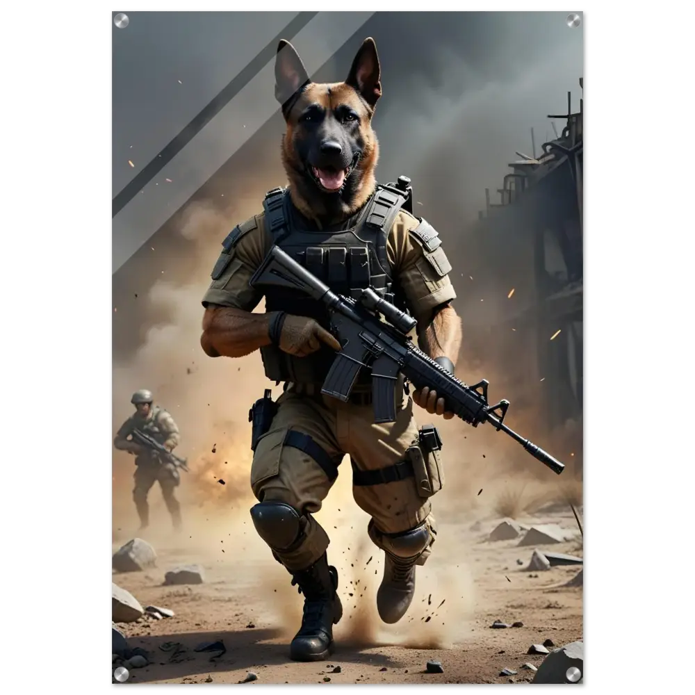 Acrylic print of anthropomorphic dog soldier titled Battlehound Vanguard by PixiOnyx