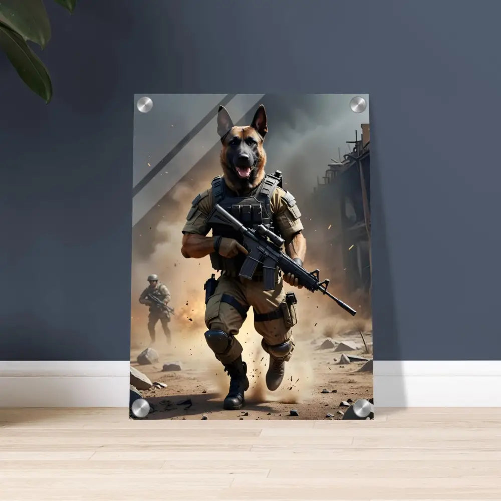 Dog soldier acrylic print displayed in Battlehound Vanguard PixiOnyx Crystal Precision product