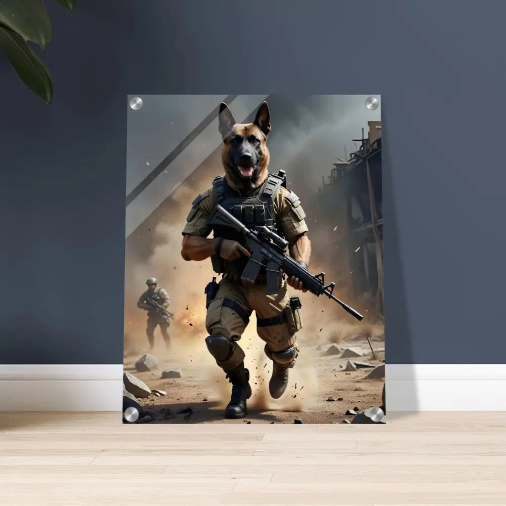 German Shepherd soldier art print on acrylic for Battlehound Vanguard PixiOnyx crystal display