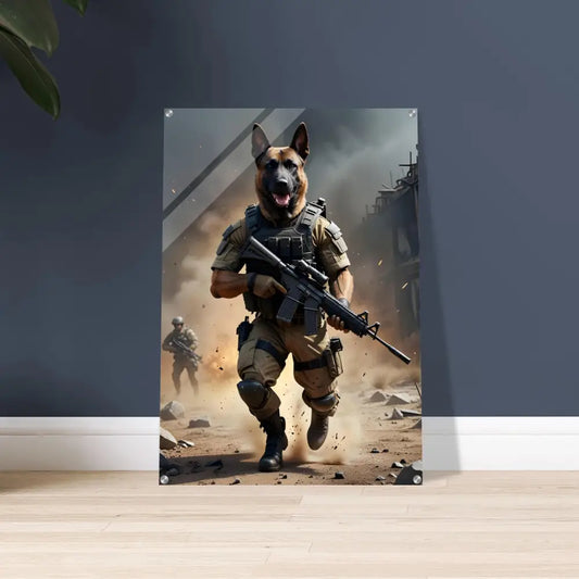 German Shepherd soldier poster displayed on Acrylic Print Battlehound Vanguard by PixiOnyx