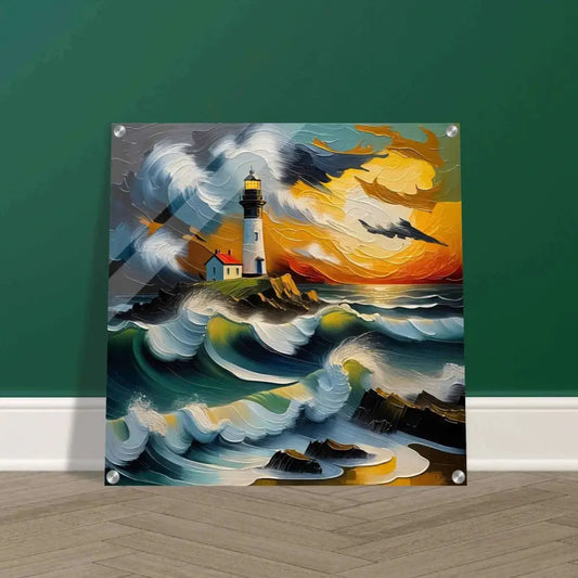 Acrylic print of a wild ocean scene with a lighthouse under a burning sky glows