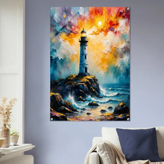 Impressionistic acrylic print of a lighthouse on a rocky coast at sunset on high-gloss photo paper