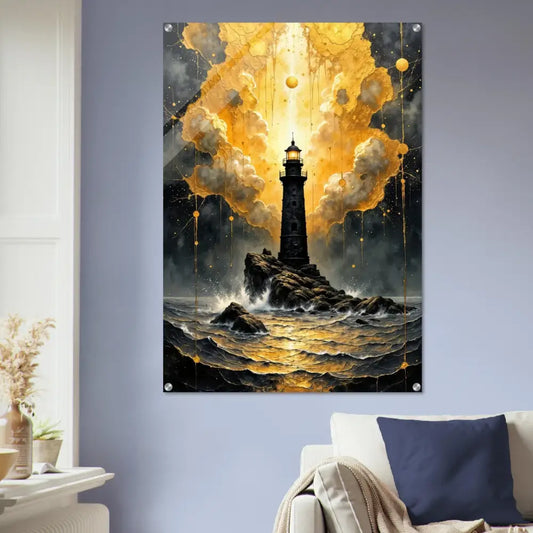 Acrylic print of lighthouse stands tall amid stormy sea with golden fury encased in glossy acrylic panel