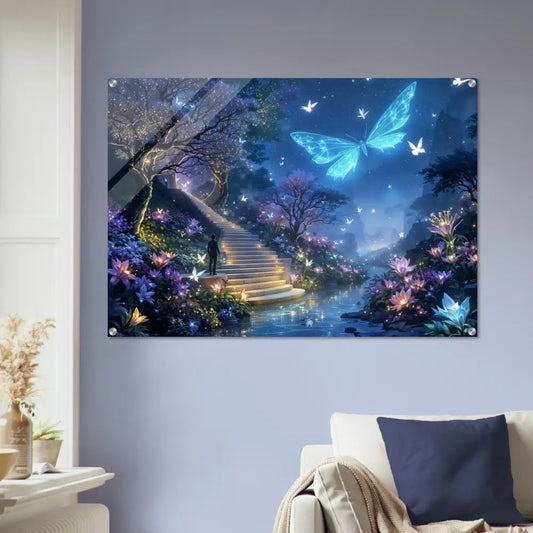 Fantasy butterfly landscape wall art acrylic print for PixiOnyx Biolumina Valley Beyond