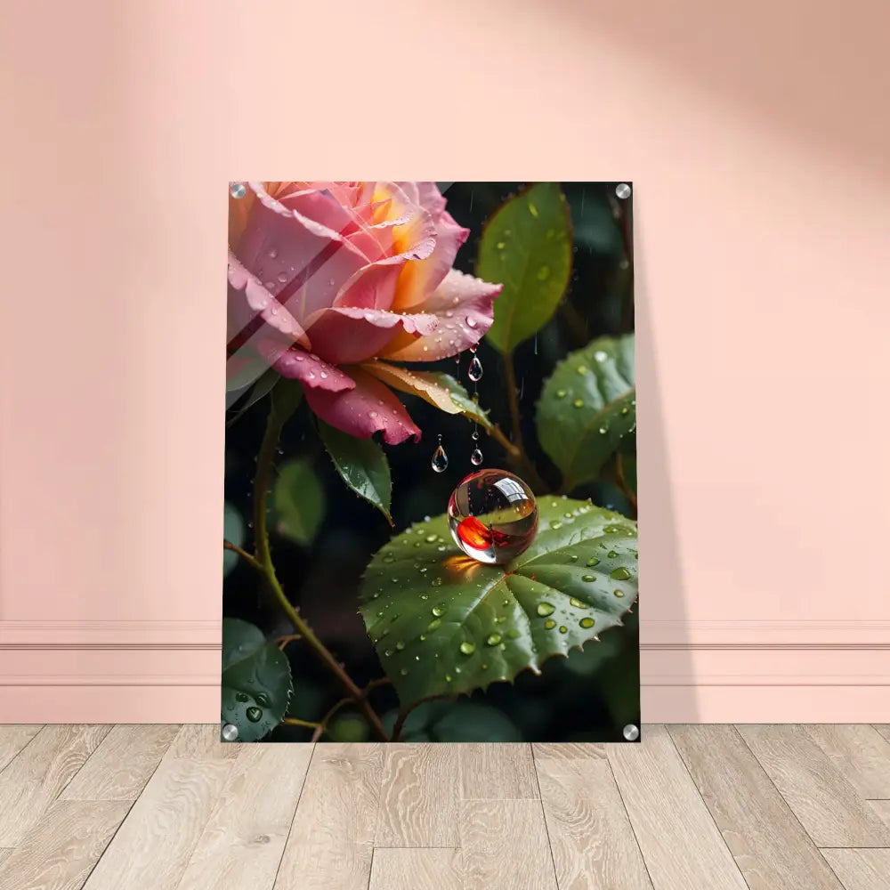 Framed blush rose and water droplet art on acrylic print for PixiOnyx Botanical Daydream