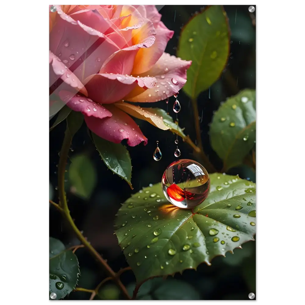 Dew-kissed rose and crystal orb acrylic print Blush Reverie PixiOnyx Botanical Daydream