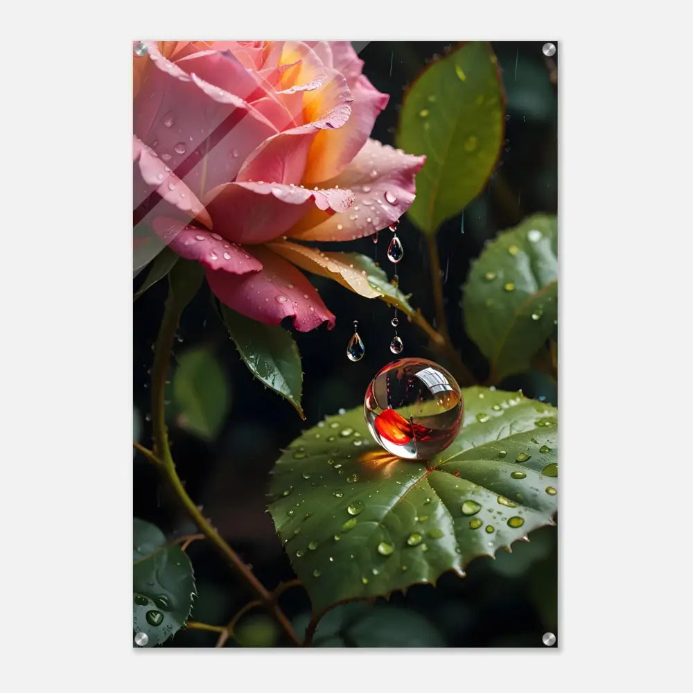 Pink and yellow rose with water droplets and glass sphere on Acrylic Print Blush Reverie