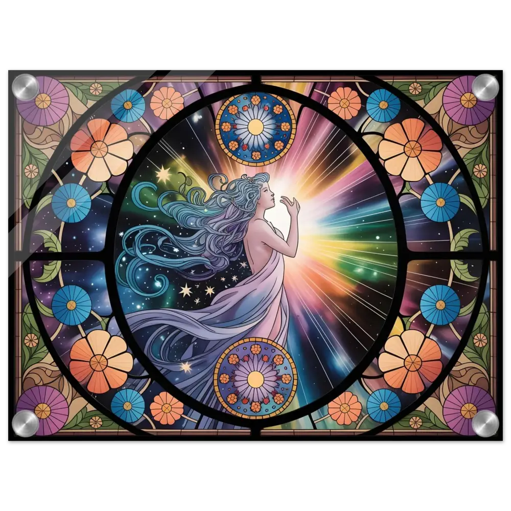 Stained glass celestial woman acrylic print from PixiOnyx Glasslight Panel Celestial Bloom