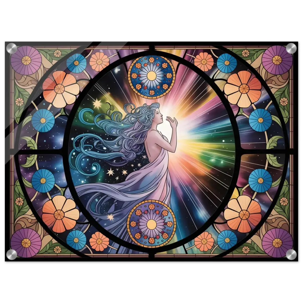 Stained glass celestial woman artwork on Acrylic Print Celestial Bloom PixiOnyx Glasslight Panel