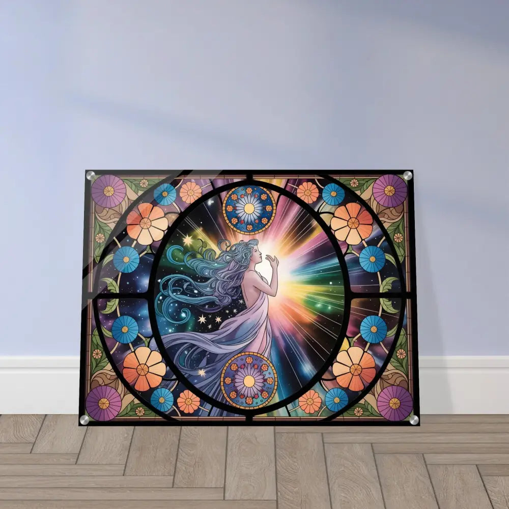 Stained-glass-style celestial artwork on Acrylic Print Celestial Bloom by PixiOnyx Glasslight Panel