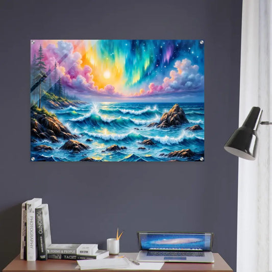 Acrylic Print Celestial Tide with stormy ocean and colorful Aurora Borealis sky