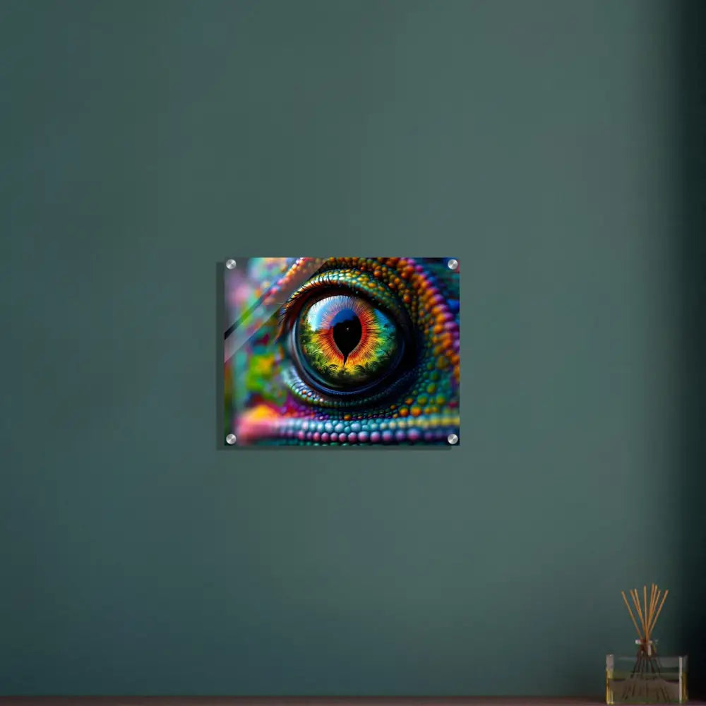 Colorful chameleon eye art acrylic print titled Chameleons Prism on PixiOnyx Hypnotic Gaze