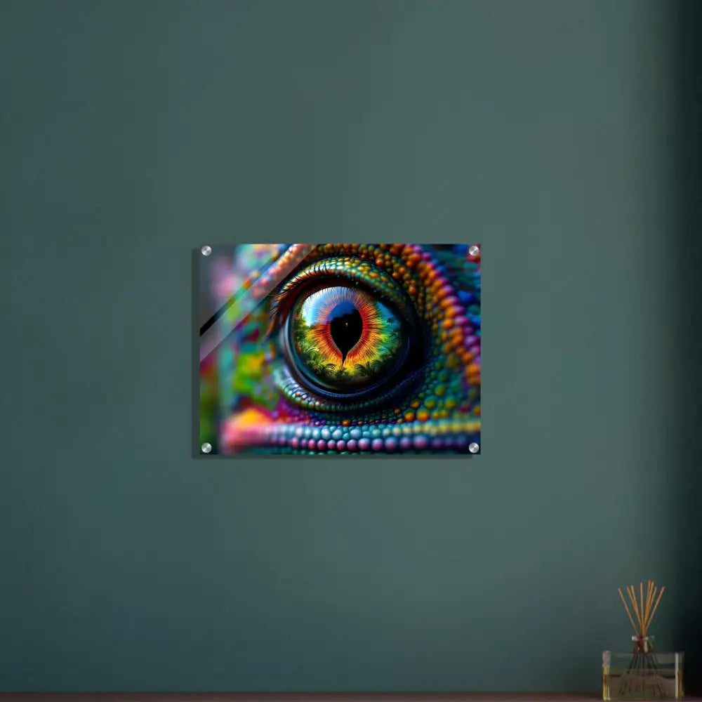 Colorful chameleon eye art acrylic print titled Chameleon’s Prism by PixiOnyx