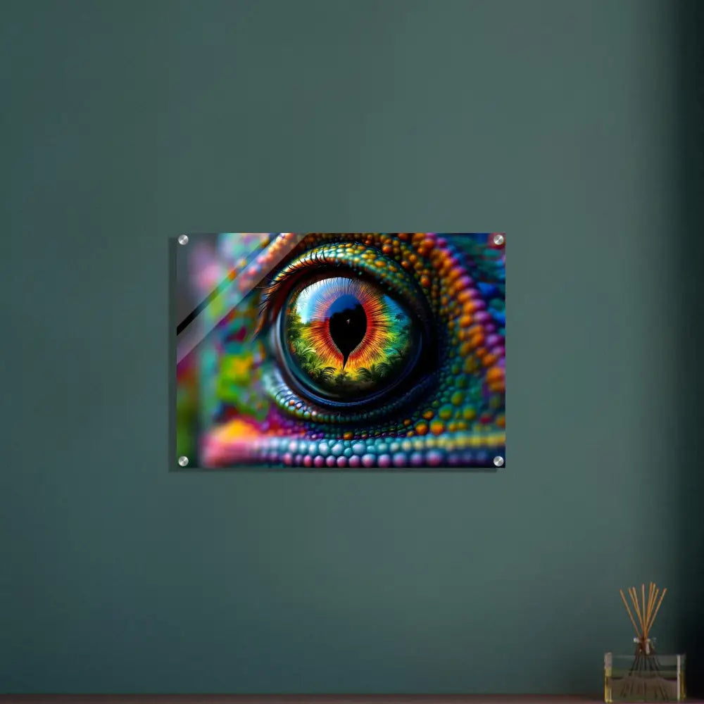 Colorful chameleon eye art acrylic print for hypnotic and vibrant wall decor