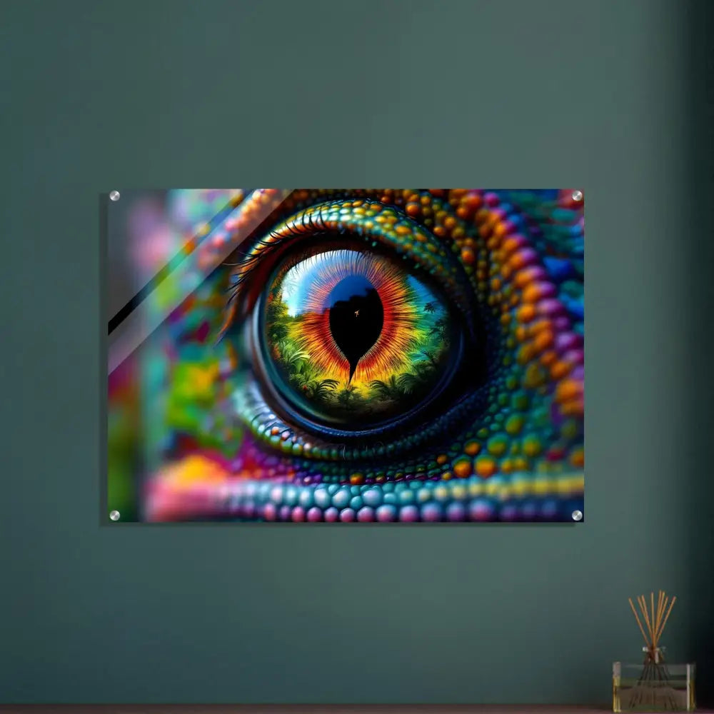 Colorful chameleon eye wall art acrylic print for vibrant home decor