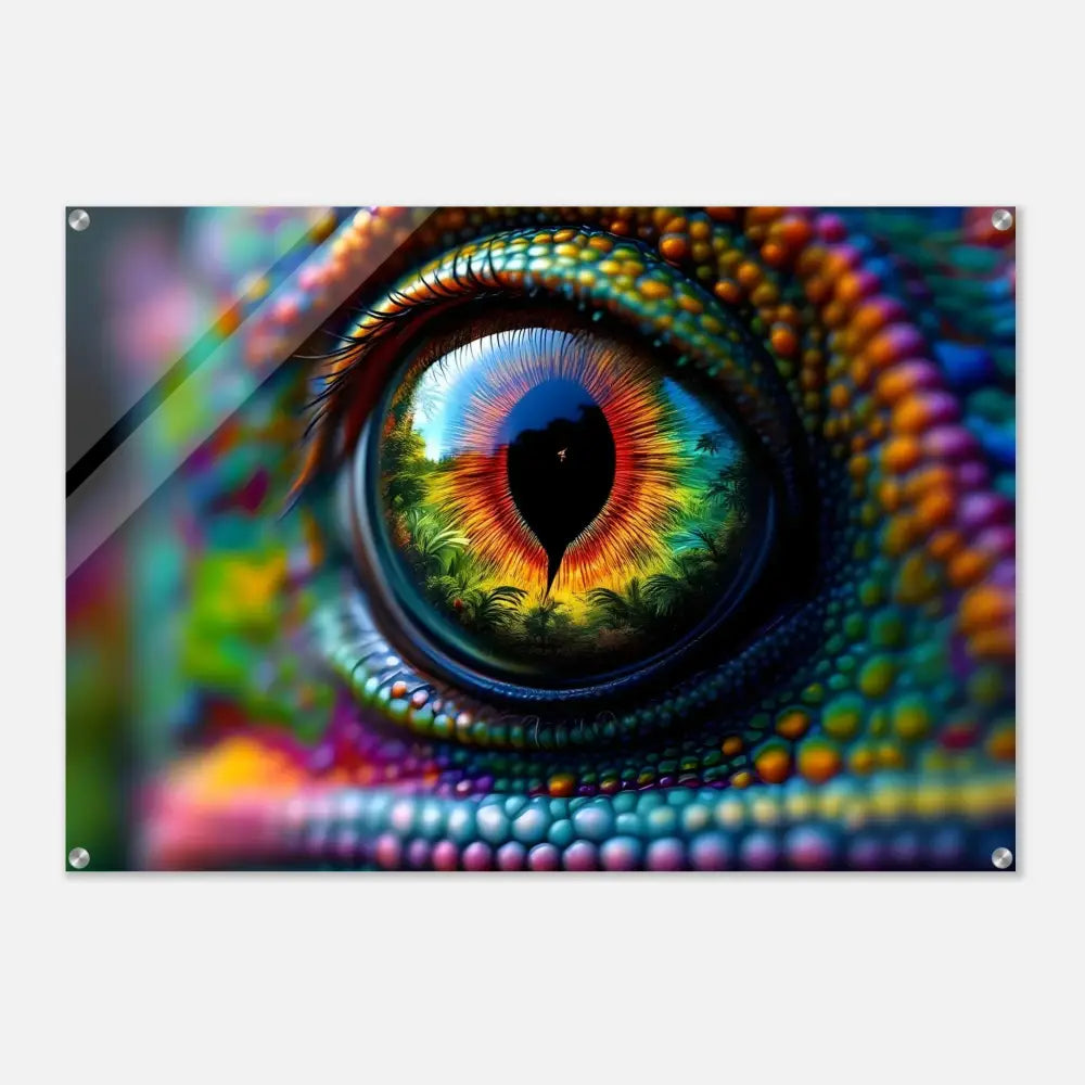 Colorful chameleon eye art on Acrylic Print Chameleon’s Prism by PixiOnyx with hypnotic gaze