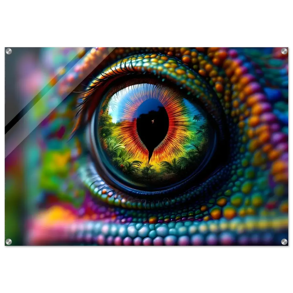 Colorful chameleon eye art acrylic print titled Chameleons Prism by PixiOnyx