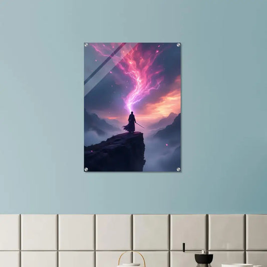 Framed fantasy art print titled Cliff Warrior The Edge of Power displayed in Acrylic Print PixiOnyx