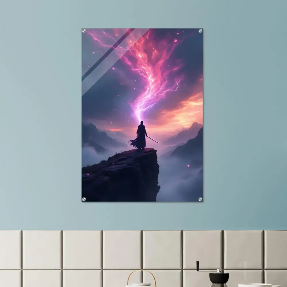 Acrylic wall art titled Cliff Warrior showcasing powerful digital artwork display