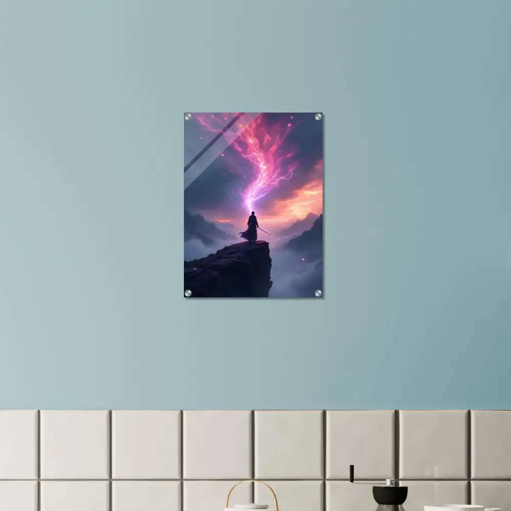 Framed fantasy art print titled Cliff Warrior The Edge of Power displayed in acrylic display