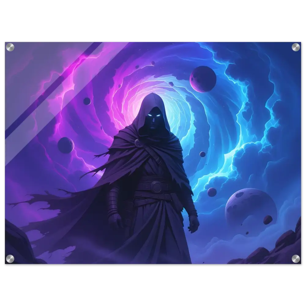 Acrylic print of a hooded figure against a cosmic backdrop for Voidwalkers Gate Wall Display