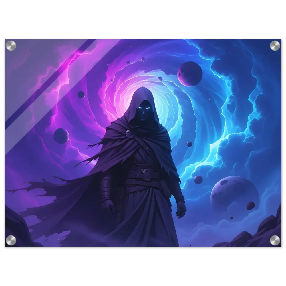 Hooded cosmic figure in a mystical setting displayed on PixiOnyx Acrylic Print