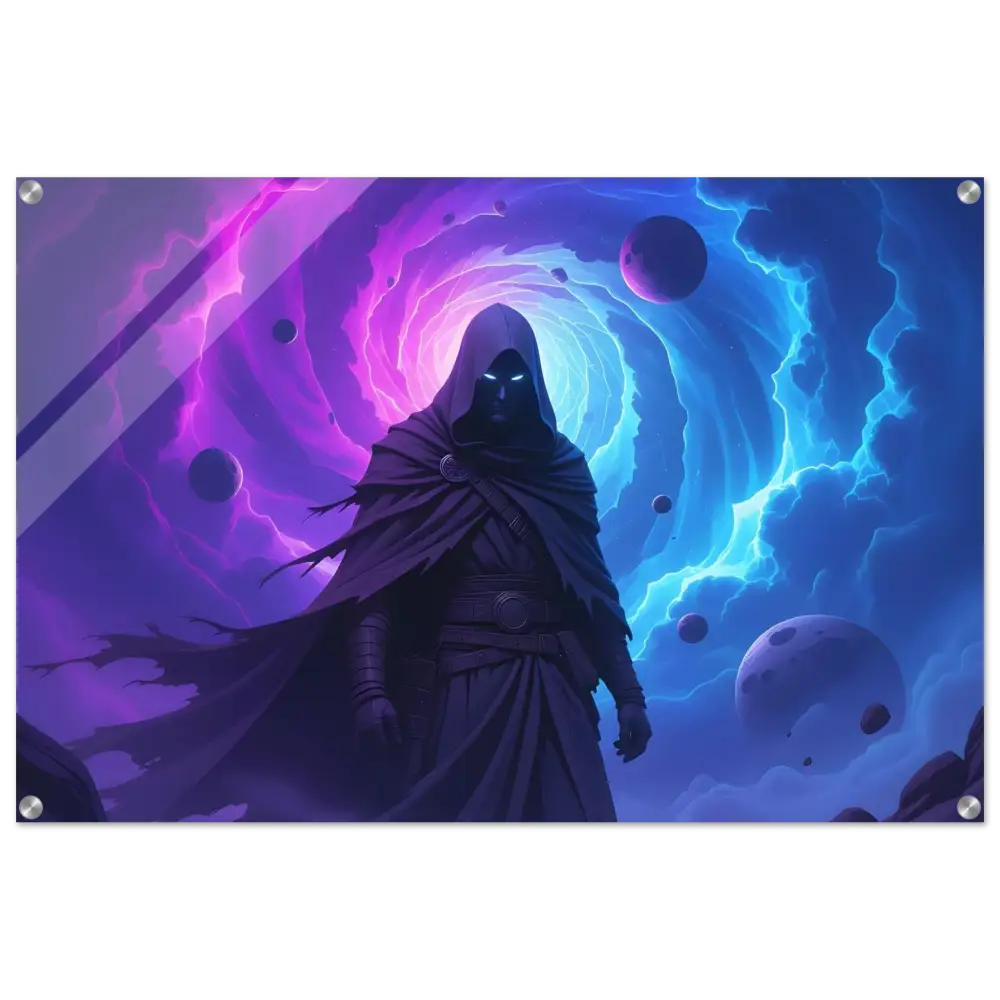 Framed cosmic sorcerer art featuring a cloaked figure and portal for Voidwalkers Gate Acrylic Print